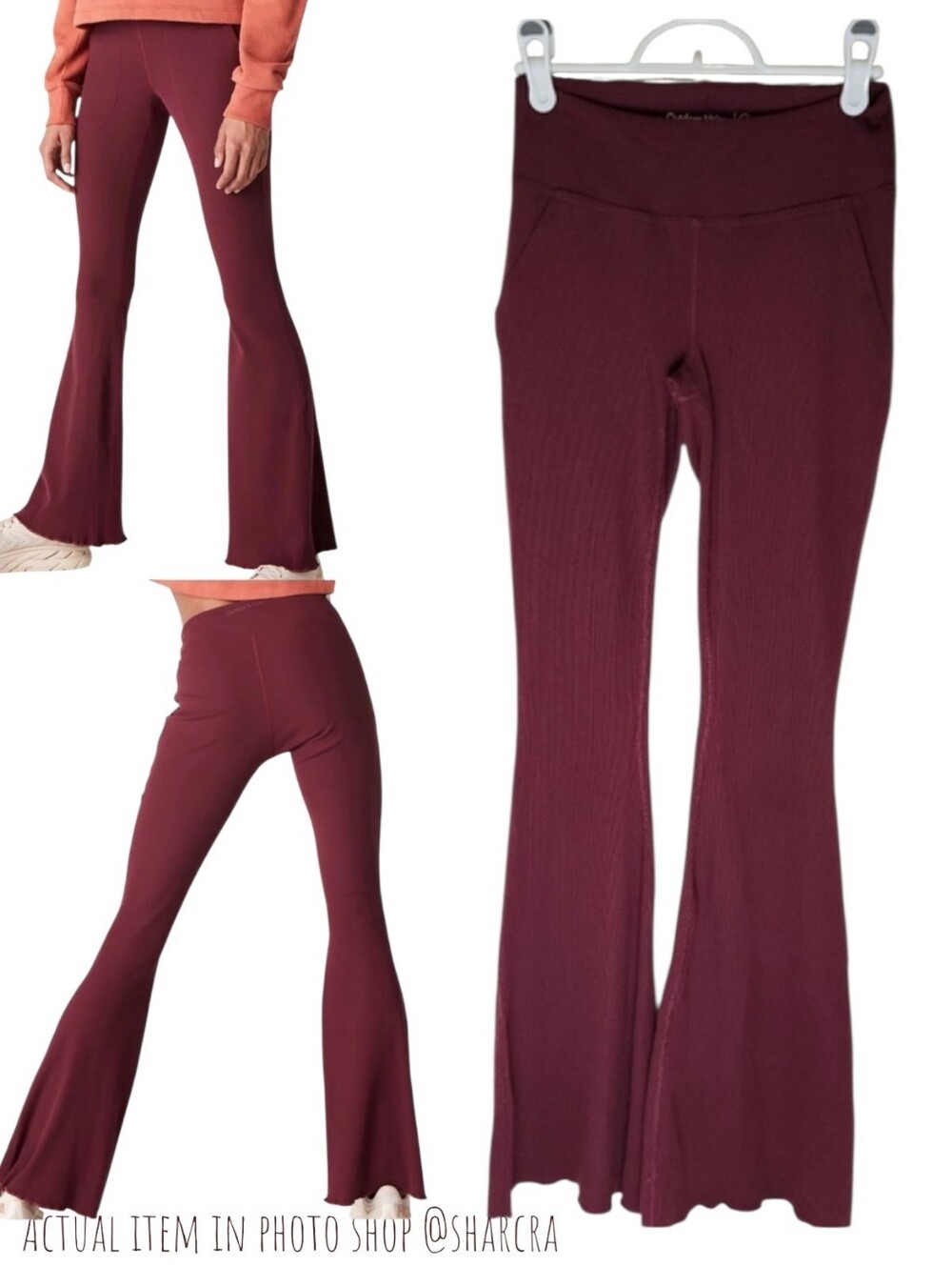 Outdoor Voices Women SuperForm Ribbed Flare Leg Pant pocket leggings xs burgundy